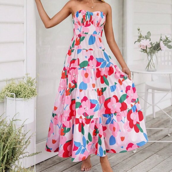 Pink Casual Women's Woven Printed Strap Dress - Picture 1 of 6